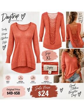 Women’s Coral Shredded Back Open Knit Cardigan Sweater Y2K Boho Distressed